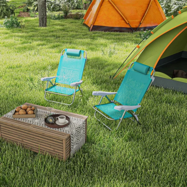 2 delige Set Opvouwbare Campingstoelen Met 6 voudig Verstelbare Netrugleuning Hoofdsteun 62 X 65 X 80 Cm Turquoise