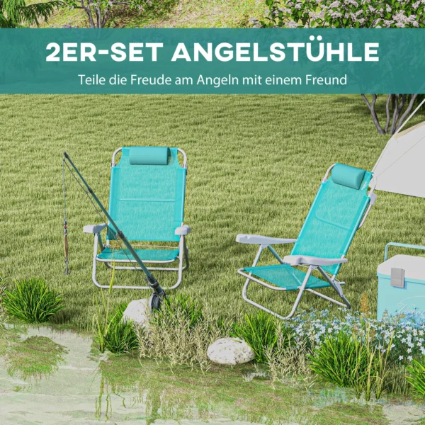 2 delige Set Opvouwbare Campingstoelen Met 6 voudig Verstelbare Netrugleuning Hoofdsteun 62 X 65 X 80 Cm Turquoise