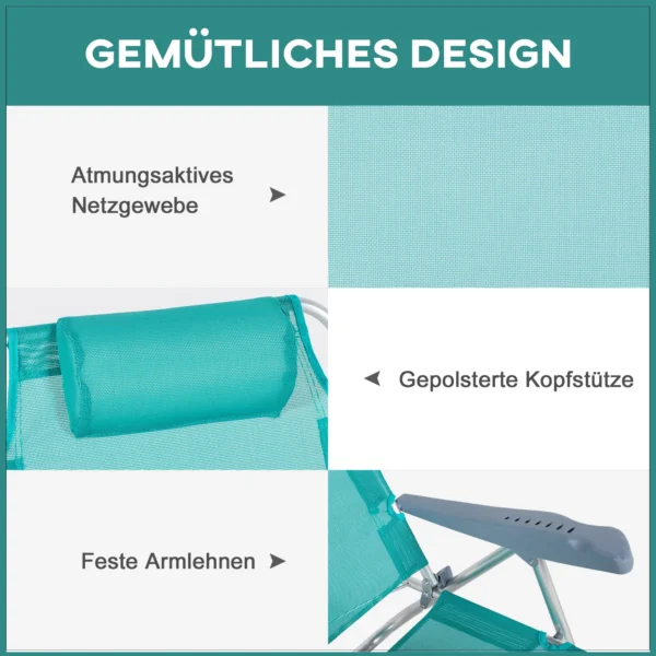 2 delige Set Opvouwbare Campingstoelen Met 6 voudig Verstelbare Netrugleuning Hoofdsteun 62 X 65 X 80 Cm Turquoise
