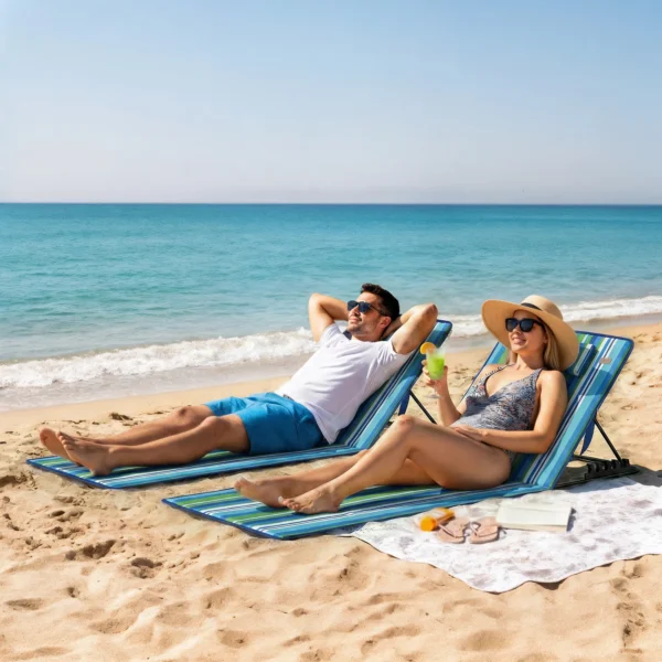 2 delige Set Strandmat Met Verstelbare Rugleuning, Opvouwbaar, Lichtgewicht Strandligstoel Met Hoofdkussen En Opbergtas