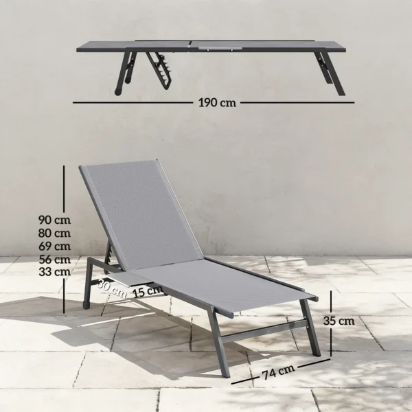 2 delige Set Tuinligstoel Met 5 voudig Verstelbare Rugleuning, Zijtafel, 2 Wielen, Antislip Voeten Grijs