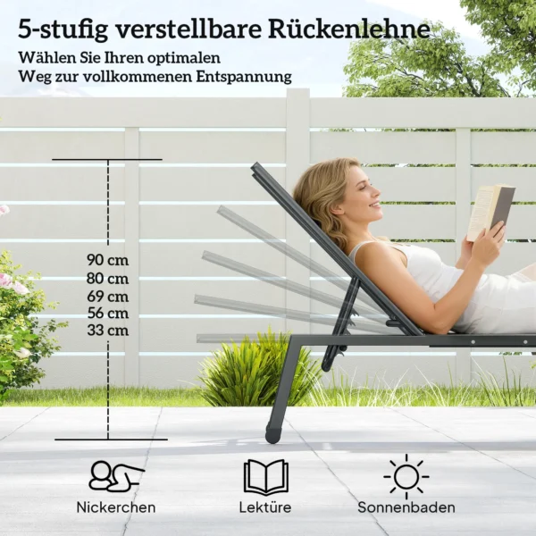 2 delige Set Tuinligstoel Met 5 voudig Verstelbare Rugleuning, Zijtafel, 2 Wielen, Antislip Voeten Grijs