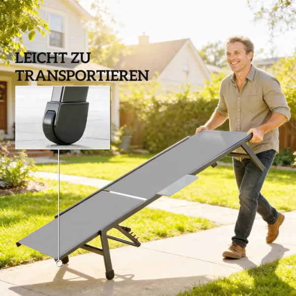 2 delige Set Tuinligstoel Met 5 voudig Verstelbare Rugleuning, Zijtafel, 2 Wielen, Antislip Voeten Grijs