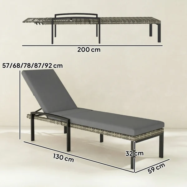 2 delige Set Zonneligstoel Polyrattan Tuinligstoel Met 5 voudig Verstelbare Rugleuning Kussen Tot 120kg Lichtgrijs
