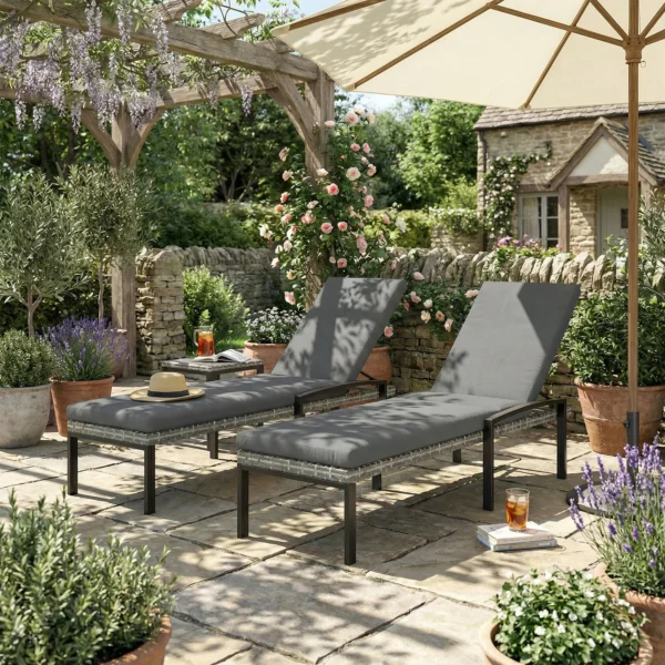 2 delige Set Zonneligstoel Polyrattan Tuinligstoel Met 5 voudig Verstelbare Rugleuning Kussen Tot 120kg Lichtgrijs