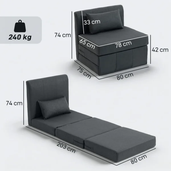 2 in 1 Slaapstoel Opvouwbaar Sofa Bed Met Linnenstructuur, Gevoerd Gastenbed Klapstoel, Donkergrijs