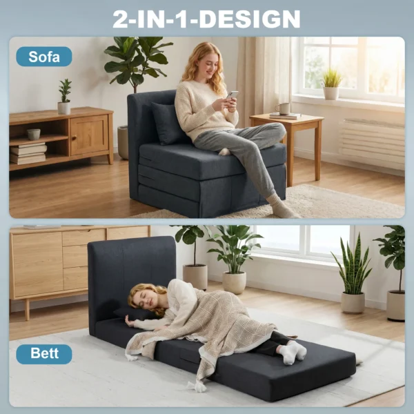 2 in 1 Slaapstoel Opvouwbaar Sofa Bed Met Linnenstructuur, Gevoerd Gastenbed Klapstoel, Donkergrijs