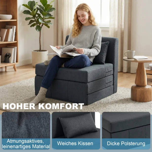 2 in 1 Slaapstoel Opvouwbaar Sofa Bed Met Linnenstructuur, Gevoerd Gastenbed Klapstoel, Donkergrijs