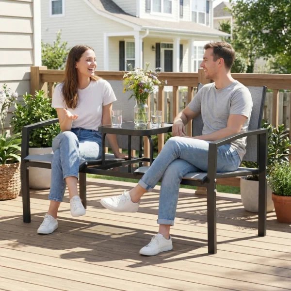 2 zits Tuinbank Met Rug & Armleuningen, 2 traps Glazen Tafel Parkbank 240kg Belastbaar 135 X 67 X 81 Cm Grijs