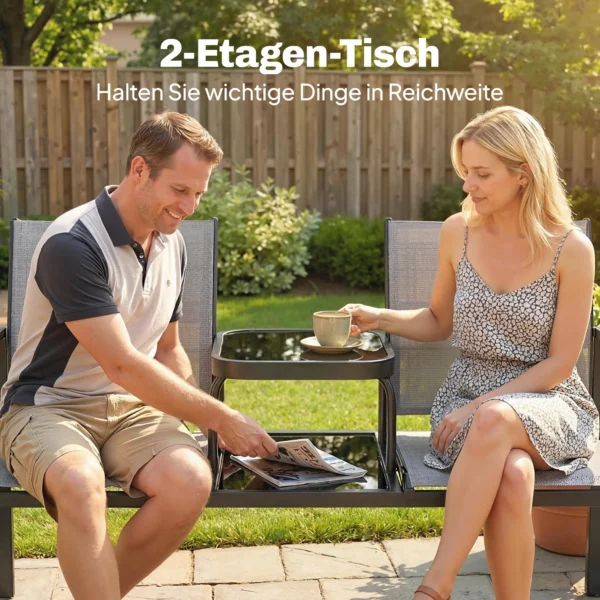 2 zits Tuinbank Met Rug & Armleuningen, 2 traps Glazen Tafel Parkbank 240kg Belastbaar 135 X 67 X 81 Cm Grijs