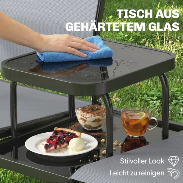 2 zits Tuinbank Met Rug & Armleuningen, 2 traps Glazen Tafel Parkbank 240kg Belastbaar 135 X 67 X 81 Cm Grijs