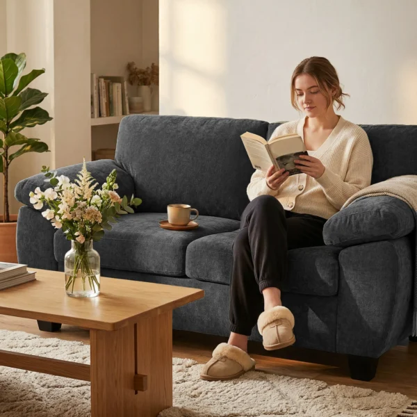 2 zitsbank, 156 Cm Chenille Bank Met Dikke Verenkern Kussens, Brede Gestoffeerde Armleuningen, 300 Kg Draagvermogen, Donkergrijs