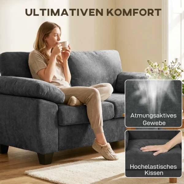 2 zitsbank, 156 Cm Chenille Bank Met Dikke Verenkern Kussens, Brede Gestoffeerde Armleuningen, 300 Kg Draagvermogen, Donkergrijs