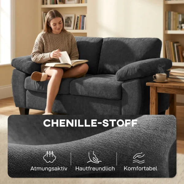 2 zitsbank, 156 Cm Chenille Bank Met Dikke Verenkern Kussens, Brede Gestoffeerde Armleuningen, 300 Kg Draagvermogen, Donkergrijs