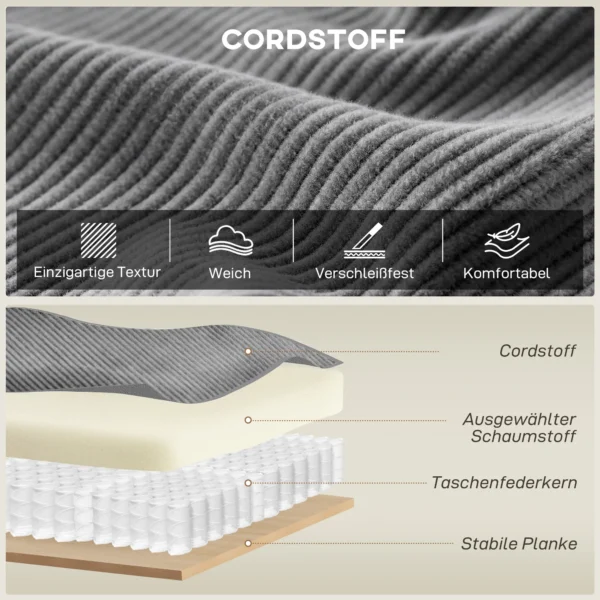 218 Cm 3 zits Bank, Modern Corduroy Bank Met Pocketvering Vulling, Brede Armleuningen En 2 Kussens, Lichtgrijs