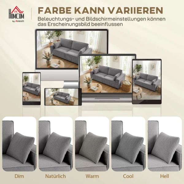 218 Cm 3 zits Bank, Modern Corduroy Bank Met Pocketvering Vulling, Brede Armleuningen En 2 Kussens, Lichtgrijs