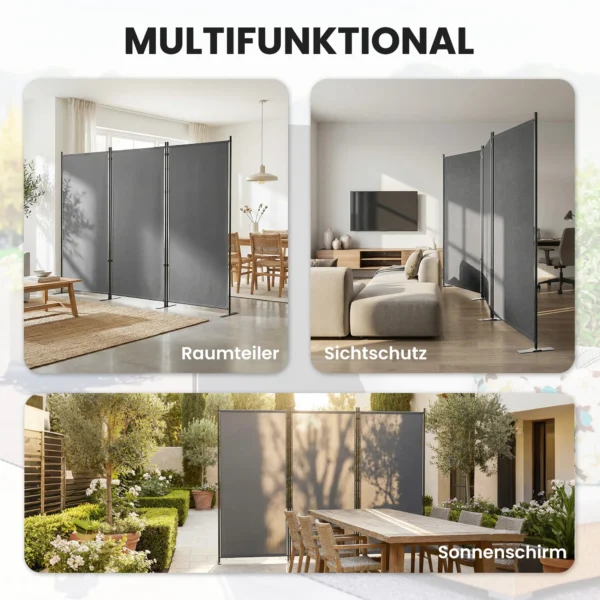 3 delige Ruimteverdeler 260 X 30 Cm Vrijstaande Paravent Scheidingswand Privacy Scherm Gemaakt Van Metaal, Outdoor Ruimteverdeler Donkergrijs