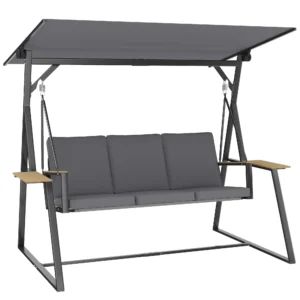 3 zits Tuinschommel Met Verstelbaar Dak, Kussens En Drankhouders, 360 Kg Draagvermogen, Grijs