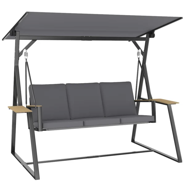 3 zits Tuinschommel Met Verstelbaar Dak, Kussens En Drankhouders, 360 Kg Draagvermogen, Grijs