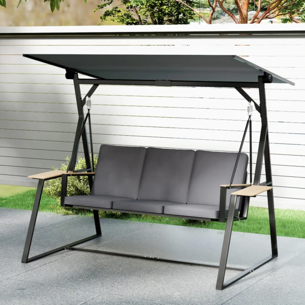 3 zits Tuinschommel Met Verstelbaar Dak, Kussens En Drankhouders, 360 Kg Draagvermogen, Grijs