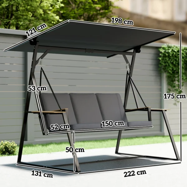 3 zits Tuinschommel Met Verstelbaar Dak, Kussens En Drankhouders, 360 Kg Draagvermogen, Grijs