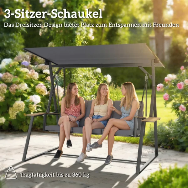 3 zits Tuinschommel Met Verstelbaar Dak, Kussens En Drankhouders, 360 Kg Draagvermogen, Grijs