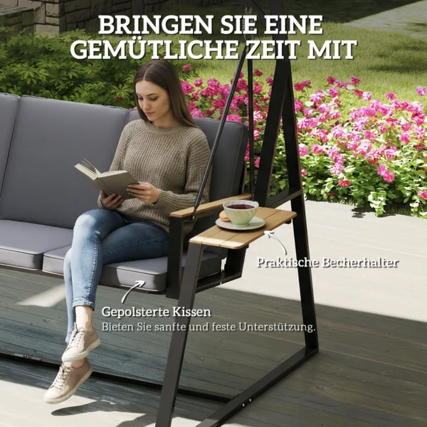 3 zits Tuinschommel Met Verstelbaar Dak, Kussens En Drankhouders, 360 Kg Draagvermogen, Grijs