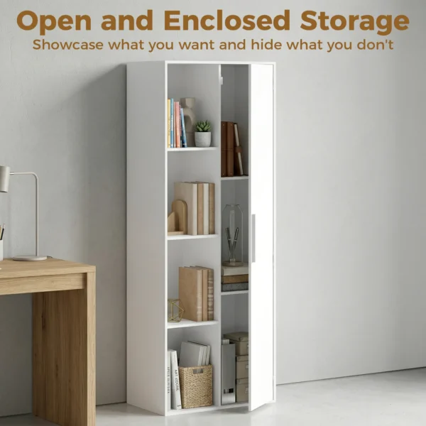 4 laags Boekenkast Met Verstelbare Planken, Kast Met Kast En Deuren Voor Woonkamer, Studeerkamer, Wit