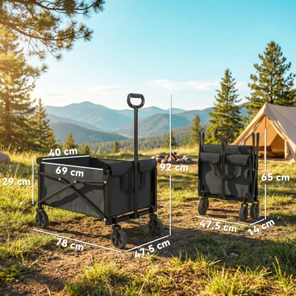 80L Festivalwagen Op Wielen, Compacte Opvouwbare Tuinwagen Met Verstelbare Handgreep, Zwart