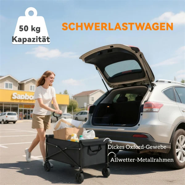 80L Festivalwagen Op Wielen, Compacte Opvouwbare Tuinwagen Met Verstelbare Handgreep, Zwart