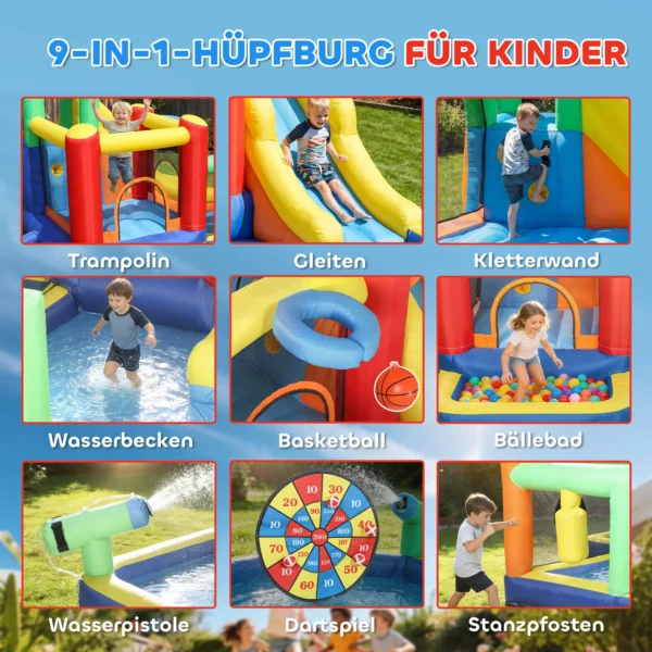 9 in 1 Opblaasbaar Springkasteel Met Blower Glijbaan Zwembad Waterpistool Voor 3 8 Jaar 330x290x185 Cm Veelkleurig