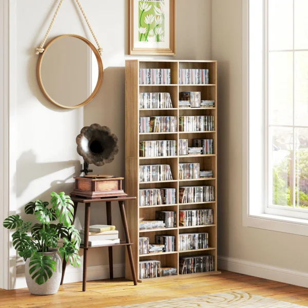 9 traps DVD rek Met 18 Vakken En 14 Verstelbare Planken, Ruimte Voor 640 CD's, 360 DVD's Of 430 Blu rays, Natuurhout