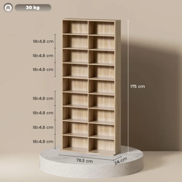 9 traps DVD rek Met 18 Vakken En 14 Verstelbare Planken, Ruimte Voor 640 CD's, 360 DVD's Of 430 Blu rays, Natuurhout