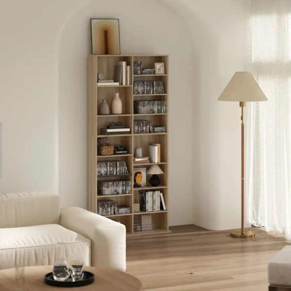 9 traps DVD rek Met 18 Vakken En 14 Verstelbare Planken, Ruimte Voor 640 CD's, 360 DVD's Of 430 Blu rays, Natuurhout