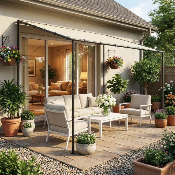 Aanbouwpaviljoen Pergola Met Metalen Frame Dak, Weerbestendig Wandmonteerbaar Paviljoen Luifel, 3 X 1,8 X 2,3 M Crèmewit