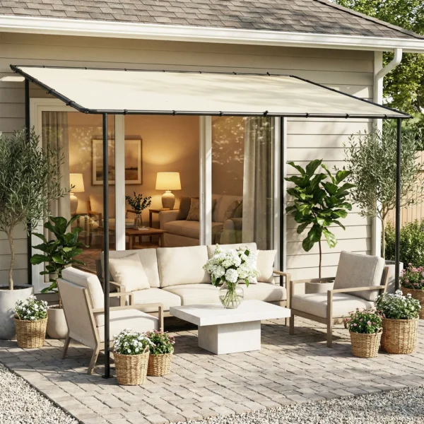 Aanbouwpaviljoen Pergola Met Metalen Frame Dak, Weerbestendig Wandmonteerbaar Paviljoen Luifel, 3 X 1,8 X 2,3 M Crèmewit