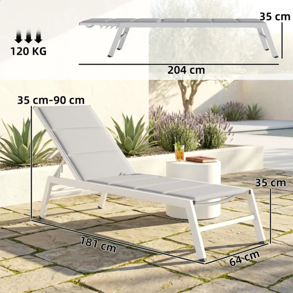 Ademende Tuinligstoel Met 6 voudig Verstelbare Rugleuning Aluminium Frame Lichtgrijs