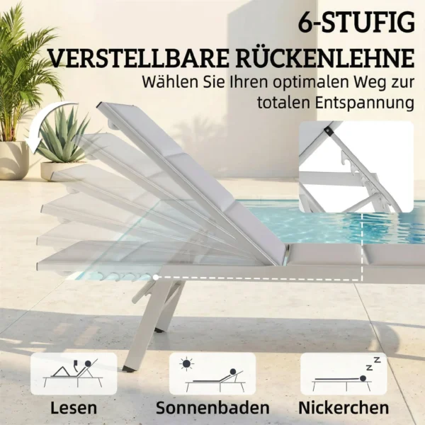 Ademende Tuinligstoel Met 6 voudig Verstelbare Rugleuning Aluminium Frame Lichtgrijs