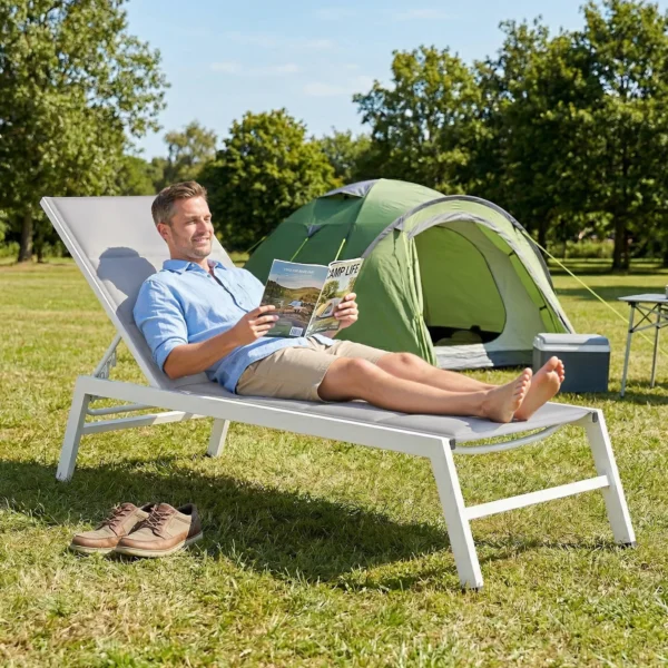 Ademende Tuinligstoel Met 6 voudig Verstelbare Rugleuning Aluminium Frame Lichtgrijs
