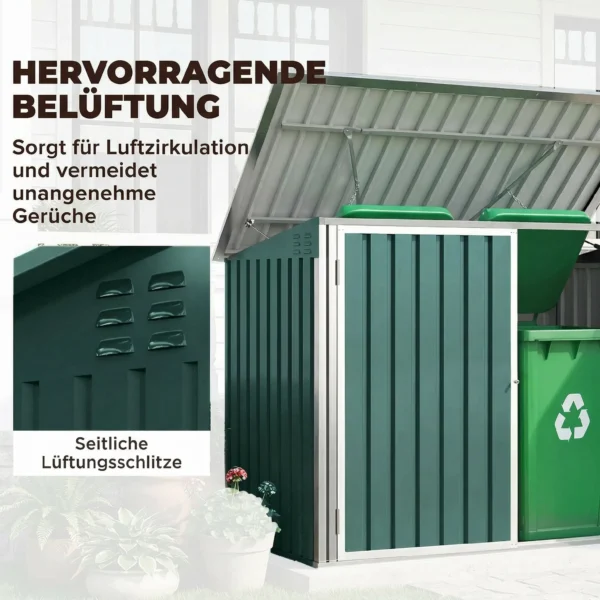 Afvalcontainerbox Afvalbox Afsluitbaar Gereedschapskist Met Dubbele Deur Deksel Voor 2 Afvalcontainers Staal 179,5 X 108 X 129,5/113 Cm Groen