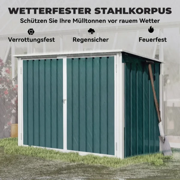 Afvalcontainerbox Afvalbox Afsluitbaar Gereedschapskist Met Dubbele Deur Deksel Voor 2 Afvalcontainers Staal 179,5 X 108 X 129,5/113 Cm Groen
