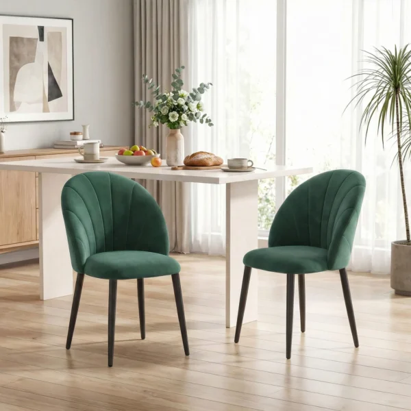 Armloze Eetkamerstoelen Met Gebogen Rugleuning Set Van 2, Fluweel look Accentstoelen Voor Keuken, Woonkamer, Donkergroen