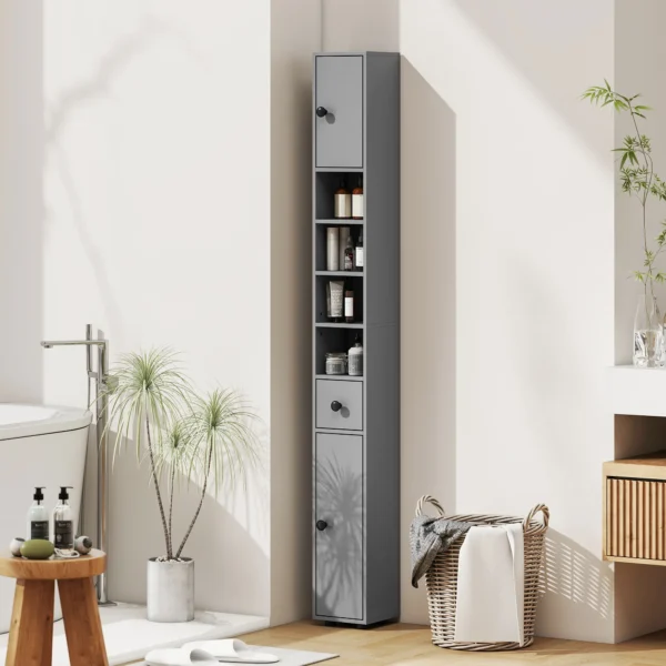 Badkamerkast, 4 Planken, Lade, Spaanplaat, Slank Ontwerp, Grijs