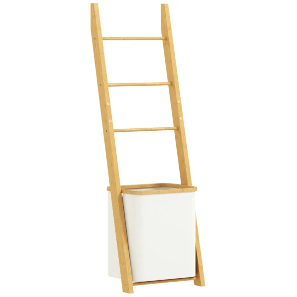 Badkamerrek, 2 in 1 Badkamerrek Met 3 Stangen, Afneembare 48L Wasmand, Bamboe, 43 X 35 X 133 Cm, Crèmewit
