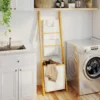 Badkamerrek, 2 in 1 Badkamerrek Met 3 Stangen, Afneembare 48L Wasmand, Bamboe, 43 X 35 X 133 Cm, Crèmewit
