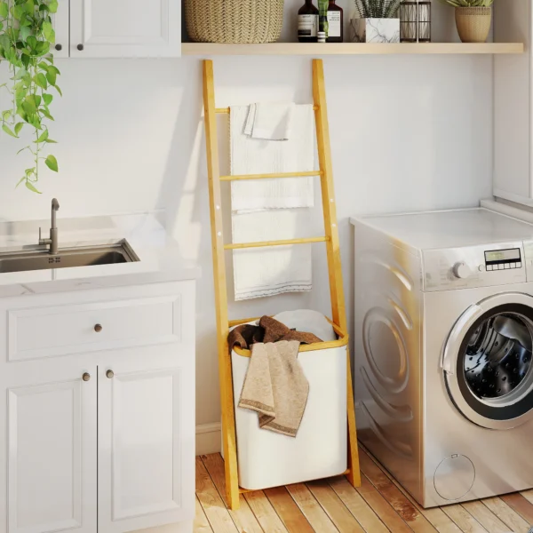 Badkamerrek, 2 in 1 Badkamerrek Met 3 Stangen, Afneembare 48L Wasmand, Bamboe, 43 X 35 X 133 Cm, Crèmewit