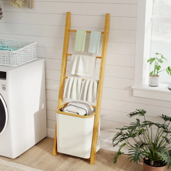 Badkamerrek, 2 in 1 Badkamerrek Met 3 Stangen, Afneembare 48L Wasmand, Bamboe, 43 X 35 X 133 Cm, Crèmewit