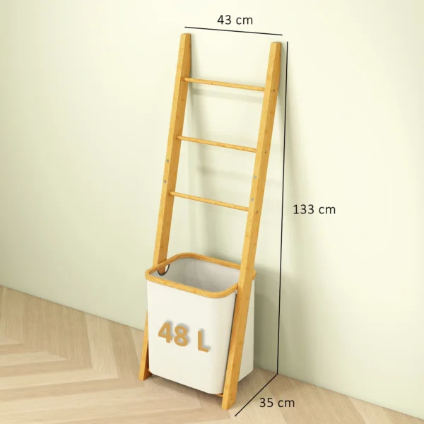 Badkamerrek, 2 in 1 Badkamerrek Met 3 Stangen, Afneembare 48L Wasmand, Bamboe, 43 X 35 X 133 Cm, Crèmewit