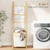 Badkamerrek, 2 in 1 Badkamerrek Met 3 Stangen, Afneembare 48L Wasmand, Bamboe, 43 X 35 X 133 Cm, Crèmewit
