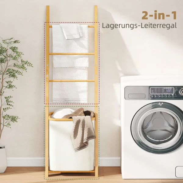 Badkamerrek, 2 in 1 Badkamerrek Met 3 Stangen, Afneembare 48L Wasmand, Bamboe, 43 X 35 X 133 Cm, Crèmewit